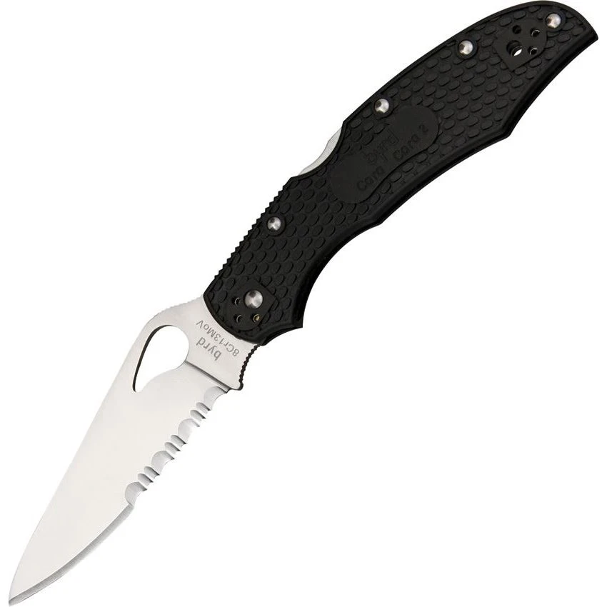 Byrd 03PSBK2 Cara Cara 2 Part Serrated Blade Lockback Folding Pocket Clip Point Knife With Black Frn Handles