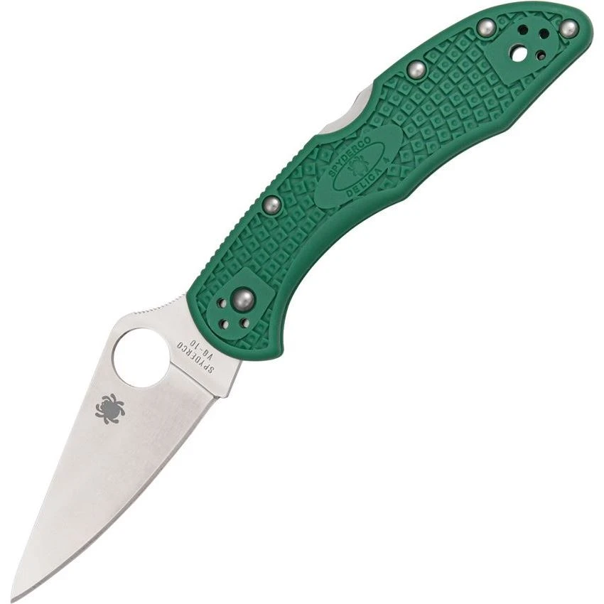 Spyderco 11FPGR Delica Lockback Folding Pocket Knife With Green Fiberglass Reinforced Nylon Handles