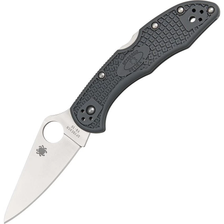 Spyderco 11FPGY Delica Lockback Folding Pocket Knife With Gray Fiberglass Reinforced Nylon Handles