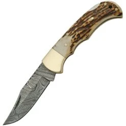 Damascus 1161 Lockback Folding Pocket Damascus Steel Clip Point Blade Knife With Stag Bone Handle