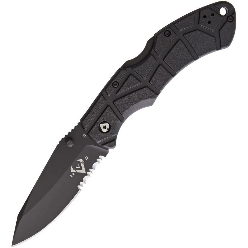 V NIVES 30206 Rocky II Lockback Black Finish Knife With Black Sculpted FRN Handle
