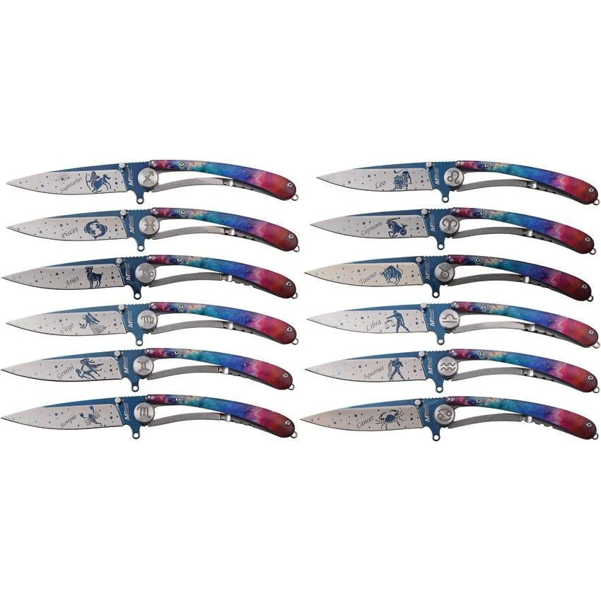 MTech ZOD12 Zodiac Framelock Stainless Drop Point Blade Knife - Set Of 12
